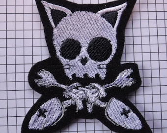 Gothic Kitty Skull Embroidered Iron On Patch