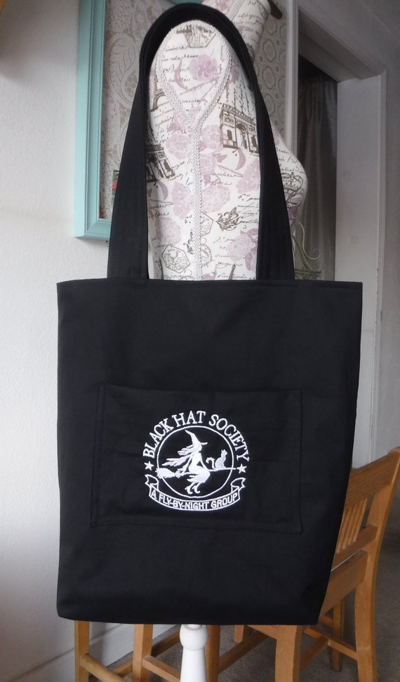 Embroidered Witch Tote Bag: Black Hat Society Cotton Shoulder Bag