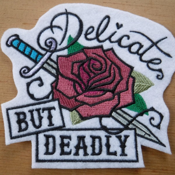 Delicate Rose, Delicate Flower, Delicate Embroidery, Rose Sword, Pink Rose Patch, Iron On Patch, Feminist Patches, Girl Power, Strong Woman