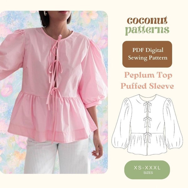 Puffed Sleeves Peplum Tie Top, Ganni Top Inspired Sewing Pattern, Front Tie Top PDF Pattern with Combo Sleeves size 34-46, Beginner Friendly