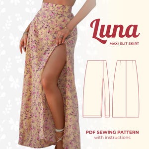 Peut inclure: Patron de couture pour une jupe maxi avec fente. Le patron s'appelle "Luna Maxi Slit Skirt" et comprend des instructions. La jupe est présentée dans un imprimé floral.