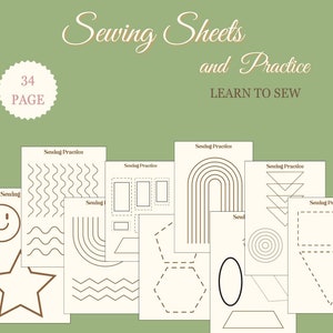 Pode incluir: Um conjunto de 34 folhas de prática de costura com várias formas e padrões, incluindo um rosto sorridente, uma estrela, linhas onduladas, retângulos, um arco-íris, triângulos, um círculo e um hexágono. As folhas são projetadas para aprender a costurar e são etiquetadas como "Sewing Practice".