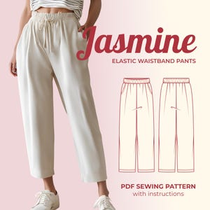 Peut inclure: Patron de couture pour pantalon Jasmine à taille élastique. Le patron comprend des instructions et un dessin au trait du pantalon.