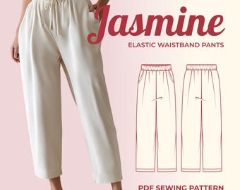 Könnte beinhalten: Ein Schnittmuster für Jasmine-Hosen mit elastischem Bund. Das Schnittmuster enthält Anleitungen und eine Strichzeichnung der Hose.