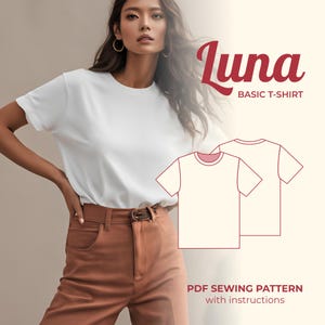 Peut inclure: Un patron de couture pour un t-shirt blanc basique appelé "Luna" avec des instructions. Le patron est présenté sur un fond blanc avec un mannequin portant un t-shirt blanc et un pantalon marron.