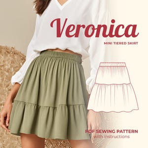 Puede incluir: Un patrón de costura PDF para una minifalda de capas llamada "Veronica". El patrón incluye instrucciones y un dibujo lineal de la falda.