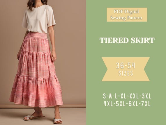 Maxi Skirt Sewing Pattern 36 54 Instant Download Easy Digital PDF Women s Long Gathered Tiers Elastic Waist Skirt Etsy UK