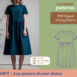May include: A teal blue casual elegance dress sewing pattern with a simple silhouette and short sleeves. The pattern is available in sizes US 6-24, EU 36-54, and UK 8-26. The pattern is a PDF digital download. The image also includes the text "coconut patterns" and "PDF Digital Sewing Pattern".