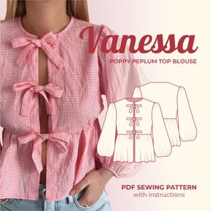 Poppy Peplum Top Blouse | Digital Sewing Pattern | Instant Download | Front Tie Blouse | 36-54 | Beginner Friendly