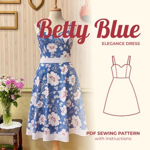 May include: A PDF sewing pattern for a dress called "Betty Blue Elegance Dress". The pattern includes instructions and a line drawing of the dress.