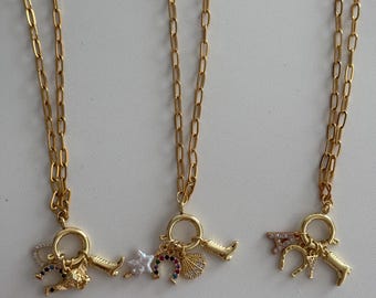 Stel je eigen aangepaste bedelketting samen. Ketting met karabijnsluiting. Gouden bedelketting. Dikke paperclipketting. Gepersonaliseerde ketting.