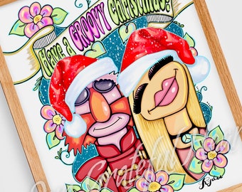 Groovy Christmas / Floyd Pepper and Janice / The Muppets / The Electric Mayhem / Muppet Fan Art / Fine Art Illustration / Watercolor