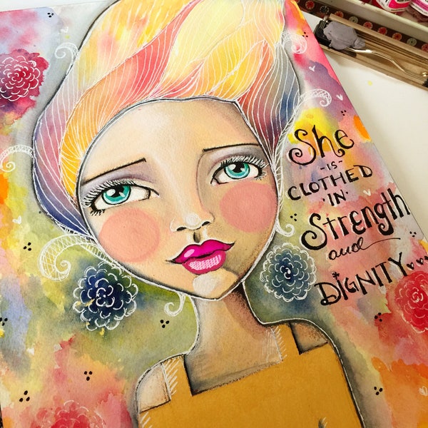 Proverbs 31 Collection She is Clothed in Strength and Dignity Inspirational Watercolor Art / Art for a Girl's Room / Illustrated Faith