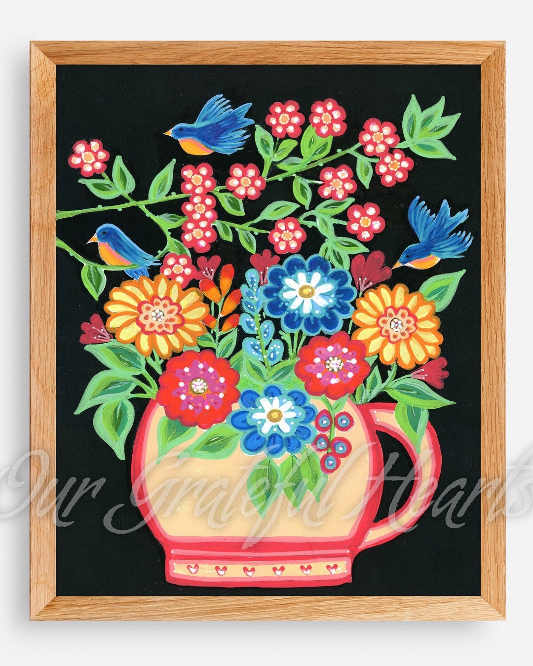 Bluebirds and Flowers Folk Art Print Inspired by Maud Lewis - Etsy