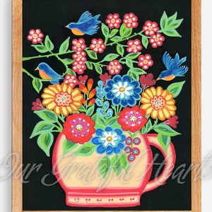 Bluebirds and Flowers Folk Art Print Inspiriert von Maud Alice