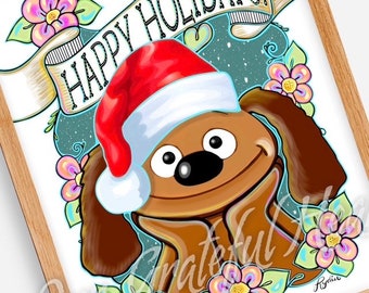 Rowlf the Dog Happy Holidays  / The Muppets / Muppet Fan Art / Fine Art Illustration / Muppet Christmas