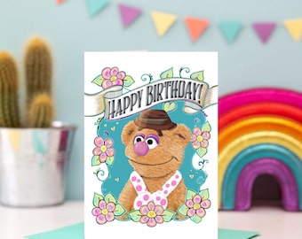 Fozzie Bear Happy Birthday Greeting Card / A 5x7 Muppet Fan Art Card / Love Valentines Day / Birthday / Anniversary