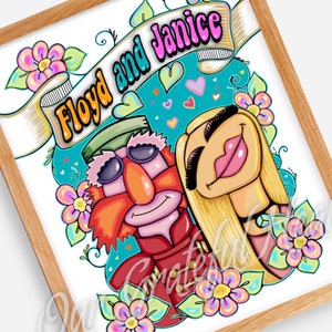 May include: A colorful illustration of a couple, Floyd and Janice, with a banner above them. The illustration is done in a cartoon style with bright colors and a whimsical feel. The couple is surrounded by flowers and hearts.