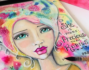 Proverbs 31 Collection / She is Worth More Than Rubies / Print Inspirational Watercolor Art /
