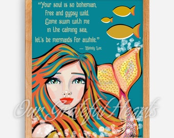 Mermaid Love / Mixed Media / Print / Art for a Girl's Room / inspirational art