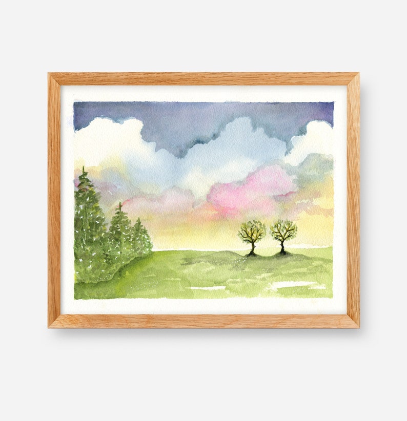 Clouds and Trees Landscape Watercolor Print image 1