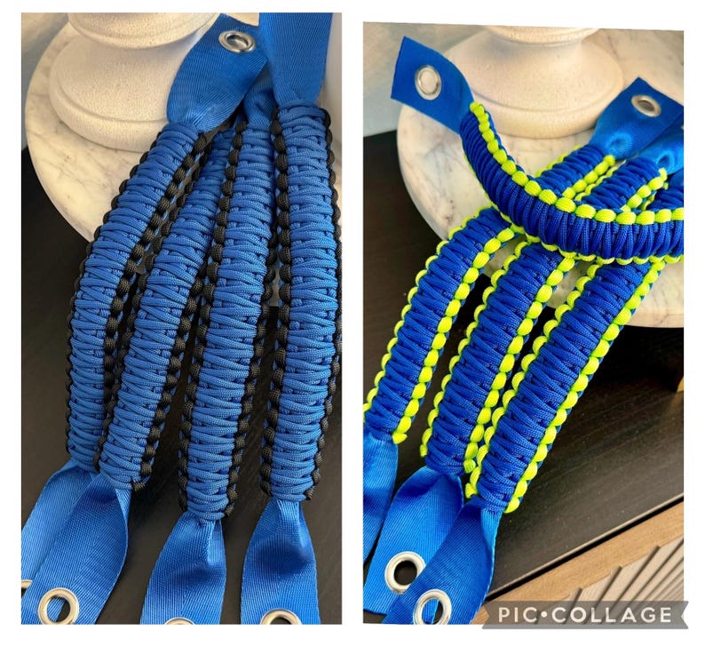 May include: Two sets of blue and black paracord door handles. The handles are braided with a black and blue pattern. The handles have a blue loop at the end with a metal grommet.