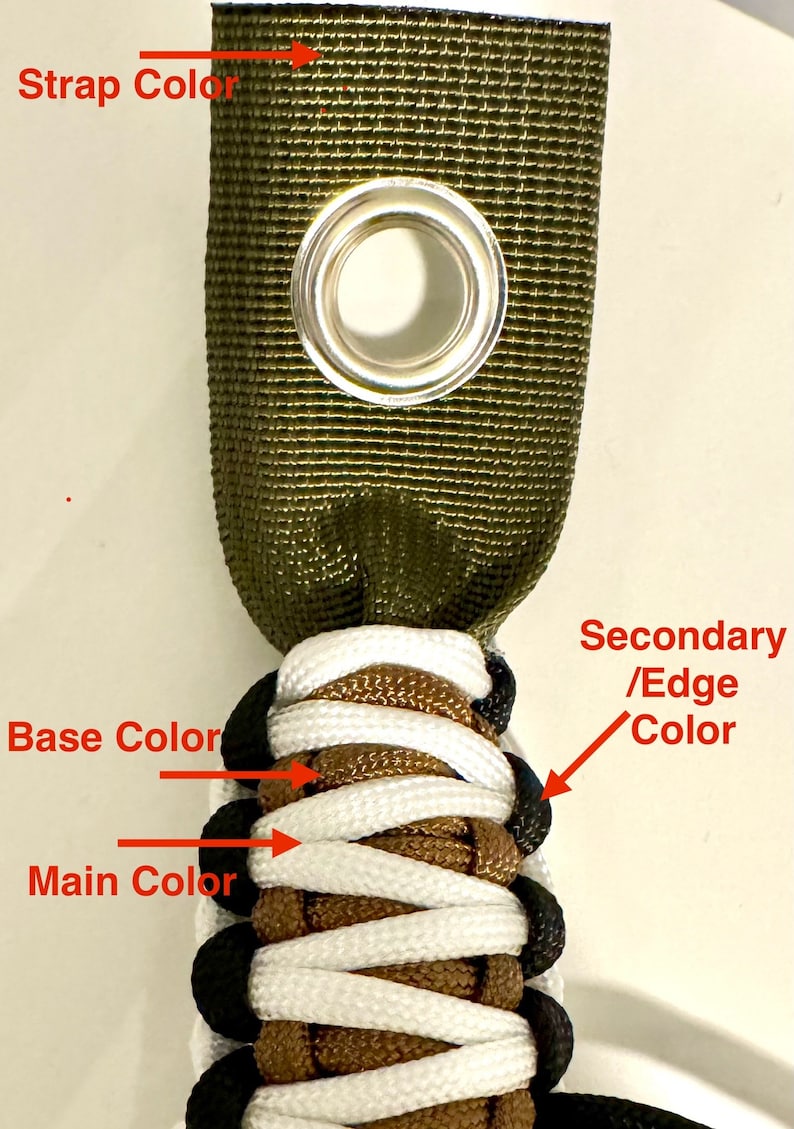 May include: A close-up of a paracord bracelet with a green strap, brown base color, white main color, and black edge color.