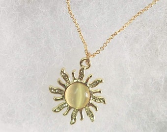 Gold sunburst necklace. 14k gold filled chain, gold sun and moonstone pendant. Gift for her. Gold layering necklace. Choice of length.