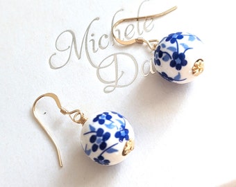 Bright blue floral ceramic bead earrings. Sterling silver or gold filled earrings. Flower jewellery. Gift for her