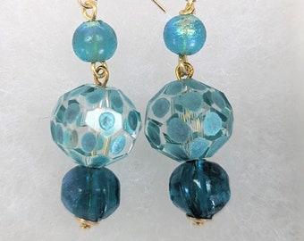 Turquoise blue drop earrings. Pretty glass bead earrings. Silver or gold. HoC Spring.Autumn. Gift for her. Turquoise jewellery