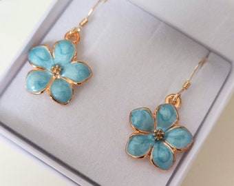 Aqua blue flower earrings. 14k gold filled earrings, with dainty pale aqua blue enamel flowers. Turquoise jewellery. HoC Spring.Gift for her