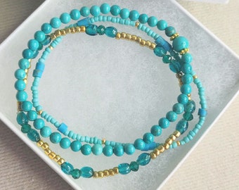 Turquoise blue stacking bracelet set. Three bracelets, mixed gemstone & seed bead bracelets. Other colours. Perfect arm party! Gift for her.