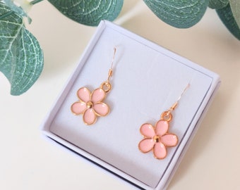 Shell pink flower earrings. 14k gold filled earrings, with dainty pale pink enamel flowers. Blush jewellery. HoC Spring.Gift for her