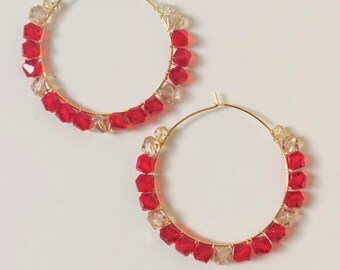 Red crystal hoop earrings. Gold plated hoops with bright red and honey crystals.  Colourful jewellery. Boho. Hoc Spring, Autumn