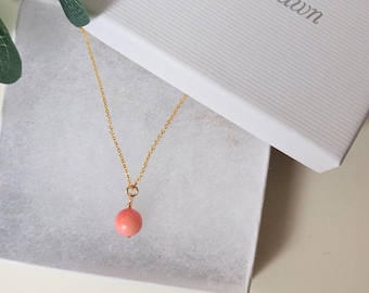 Coral pink pendant necklace, 14k gold filled chain. Gemstone necklace. Special gift for her. HOC Spring. Autumn. Pink coral. Salmon pink