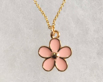 Child's shell pink flower charm necklace. Dainty blush  pink enamel flower pendant on a fine 14k gold filled chain. HoC Spring. Gift for her