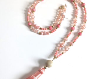 Coral necklace. Long gemstone, pearl and glass bead necklace with silky tassel. Layering jewellery. Coral jewellery.