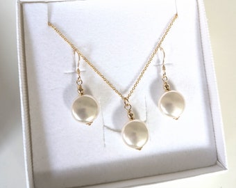 Pearl pendant necklace and earrings set. 14k gold filled chain & earrings. Coin Swarovski pearls, ivory white .Gift for her. Wedding