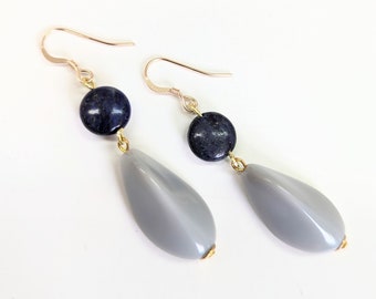 Long grey & navy blue drop earrings. Silver or gold earrings with blue lapis lazuli and grey glass beads. Gift for her