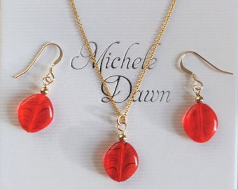 Bright red glass earrings with feather design.  Dainty geranium red glass drops, 14k gold filled earrings. HOC Spring