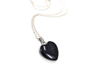 Blue heart shaped necklace.  Glittering navy blue sandstone gemstone pendant, sterling silver chain.  Gift for her