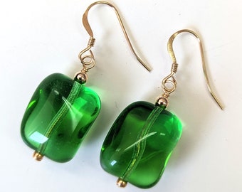 Green drop earrings. Gorgeous, glossy bright green glass drop earrings. Sterling silver or 14k gold filled earrings.