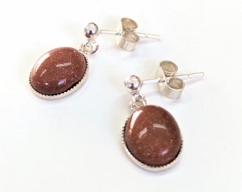 Chocolate brown, goldstone drop earrings. Sterling silver stud earrings & sparkly gold flecked gemstone drops.  Gift for her