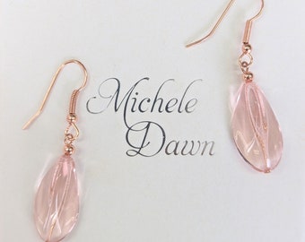 Rose pink glass crystal earrings.  Rose gold plated earrings.  Gorgeous orchid glass, long drop earrings.Gift for her.