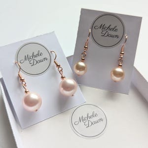 Rose pink pearl drop earrings. Rose gold plated earrings 10mm blush or 12mm pale pink Swarovski pearls. Wedding, Bridesmaid, Gift for her.