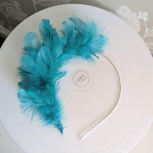 Turquoise feather fascinator with fine metal headband.  Elegant headpiece, aquamarine, bright blue. Wedding, festival, races.