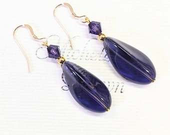 Purple drop earrings. Glossy glass bead and crystals with 14k gold filled or sterling silver earrings.