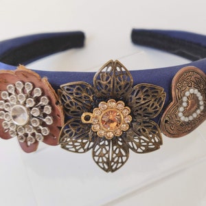 Navy blue jewelled headband. Vintage and new elements in antique gold, bronze, diamanté on a satin padded band. Wedding, Black tie, Festival