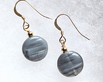 Dove grey drop earrings. Sterling silver or 14k gold filled earrings with round, rippled grey glass bead drops. Gift for her