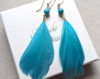 Turquoise feather earrings. Sterling silver earrings, soft turquoise feathers. Turquoise jewellery. Hoc- Spring. Summer. Winter